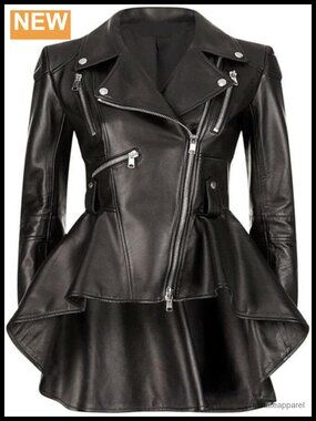 Women's Faux Leather Peplum Waist Biker Jacket with Zippers